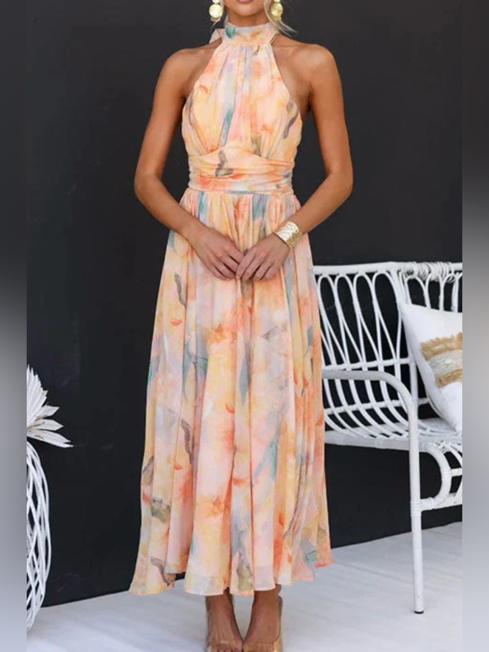Sleeveless Halter Floral Maxi Dress in Peach